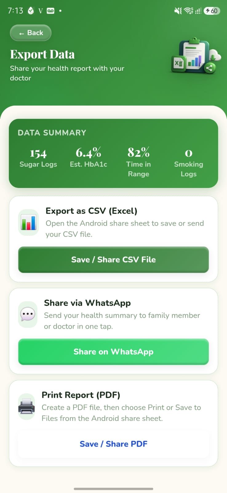 SugarSaathi export data screen for doctor-ready reports